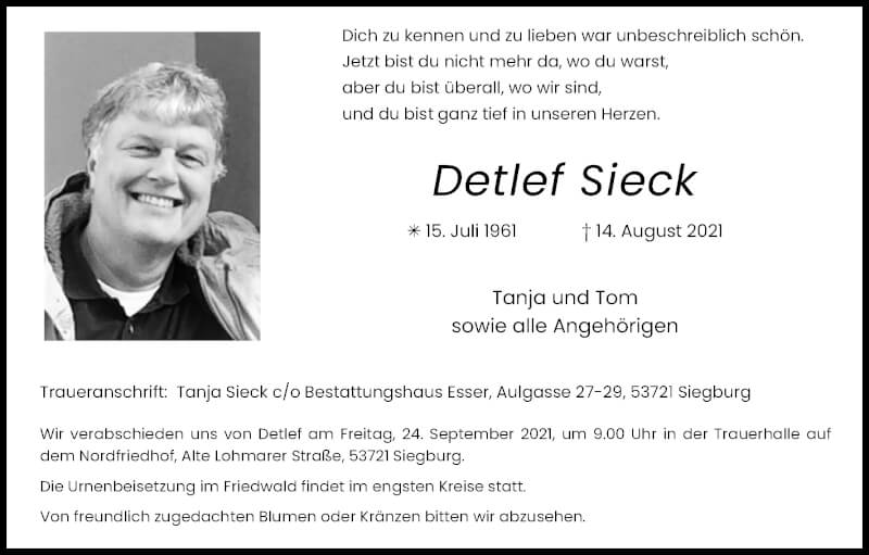  Traueranzeige für Detlef Sieck vom 18.09.2021 aus Kölner Stadt-Anzeiger / Kölnische Rundschau / Express