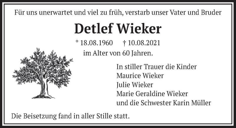  Traueranzeige für Detlef Wieker vom 10.09.2021 aus  Wochenende 