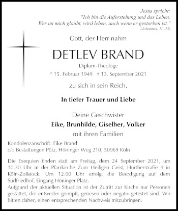 Anzeige von Detlev Brand von Kölner Stadt-Anzeiger / Kölnische Rundschau / Express