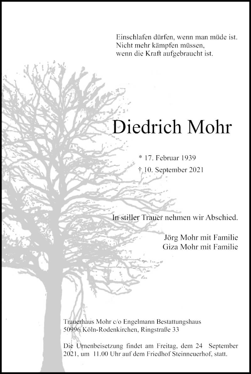  Traueranzeige für Diedrich Mohr vom 18.09.2021 aus Kölner Stadt-Anzeiger / Kölnische Rundschau / Express