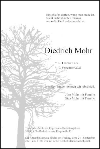 Anzeige von Diedrich Mohr von Kölner Stadt-Anzeiger / Kölnische Rundschau / Express