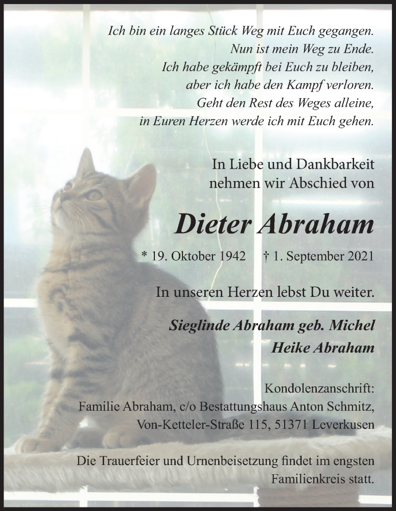  Traueranzeige für Dieter Abraham vom 11.09.2021 aus Kölner Stadt-Anzeiger / Kölnische Rundschau / Express