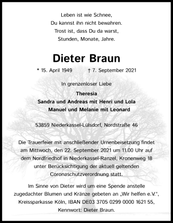 Anzeige von Dieter Braun von Kölner Stadt-Anzeiger / Kölnische Rundschau / Express