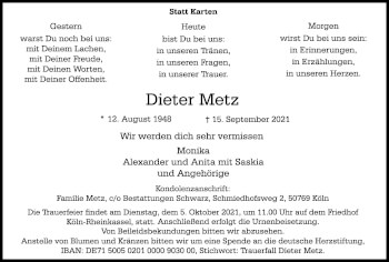 Anzeige von Dieter Metz von Kölner Stadt-Anzeiger / Kölnische Rundschau / Express