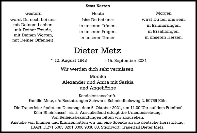  Traueranzeige für Dieter Metz vom 25.09.2021 aus Kölner Stadt-Anzeiger / Kölnische Rundschau / Express
