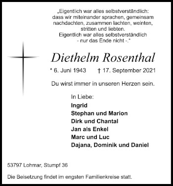 Anzeige von Diethelm Rosenthal von Kölner Stadt-Anzeiger / Kölnische Rundschau / Express