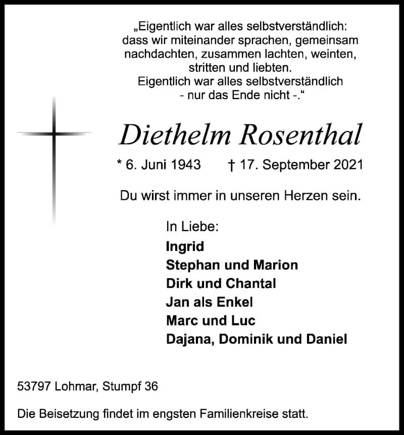  Traueranzeige für Diethelm Rosenthal vom 25.09.2021 aus Kölner Stadt-Anzeiger / Kölnische Rundschau / Express
