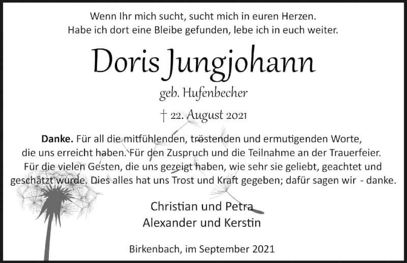  Traueranzeige für Doris Jungjohann vom 17.09.2021 aus  Lokalanzeiger 