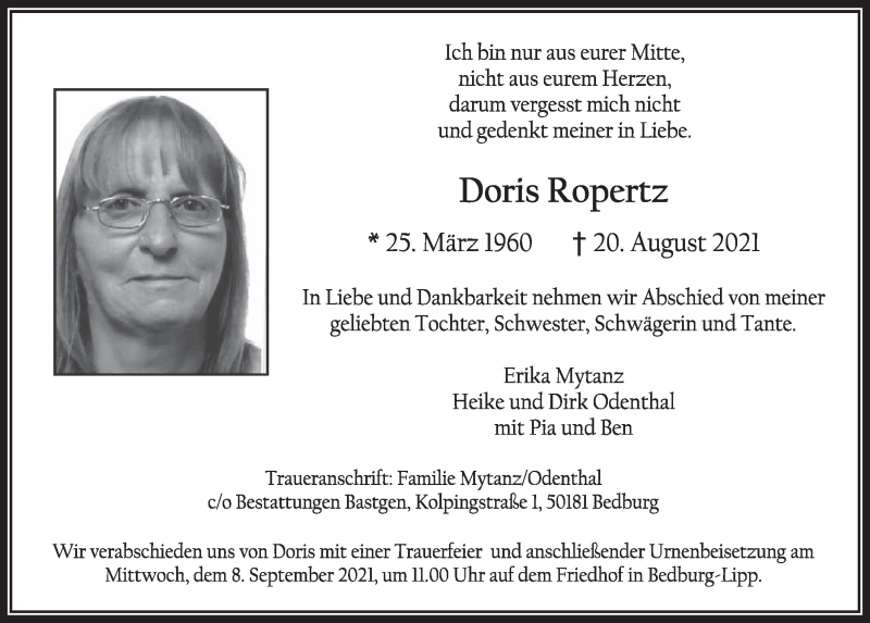  Traueranzeige für Doris Ropertz vom 03.09.2021 aus  Werbepost 