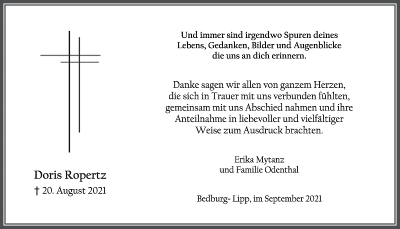  Traueranzeige für Doris Ropertz vom 24.09.2021 aus  Werbepost 