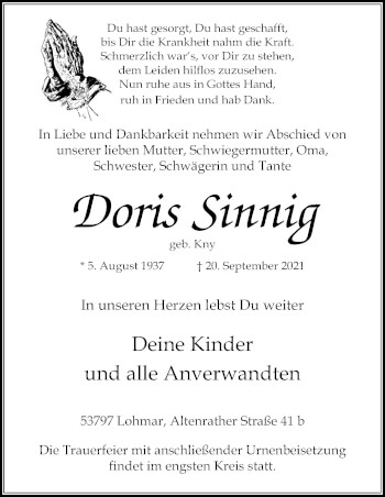 Anzeige von Doris Sinnig von Kölner Stadt-Anzeiger / Kölnische Rundschau / Express