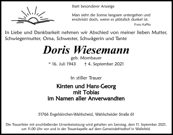 Anzeige von Doris Wiesemann von Kölner Stadt-Anzeiger / Kölnische Rundschau / Express