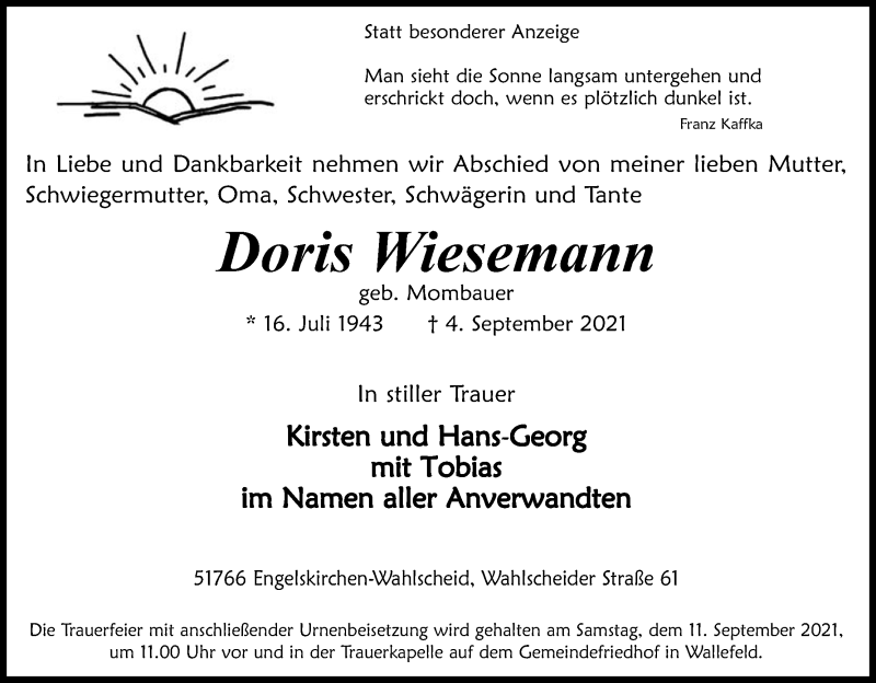  Traueranzeige für Doris Wiesemann vom 07.09.2021 aus Kölner Stadt-Anzeiger / Kölnische Rundschau / Express