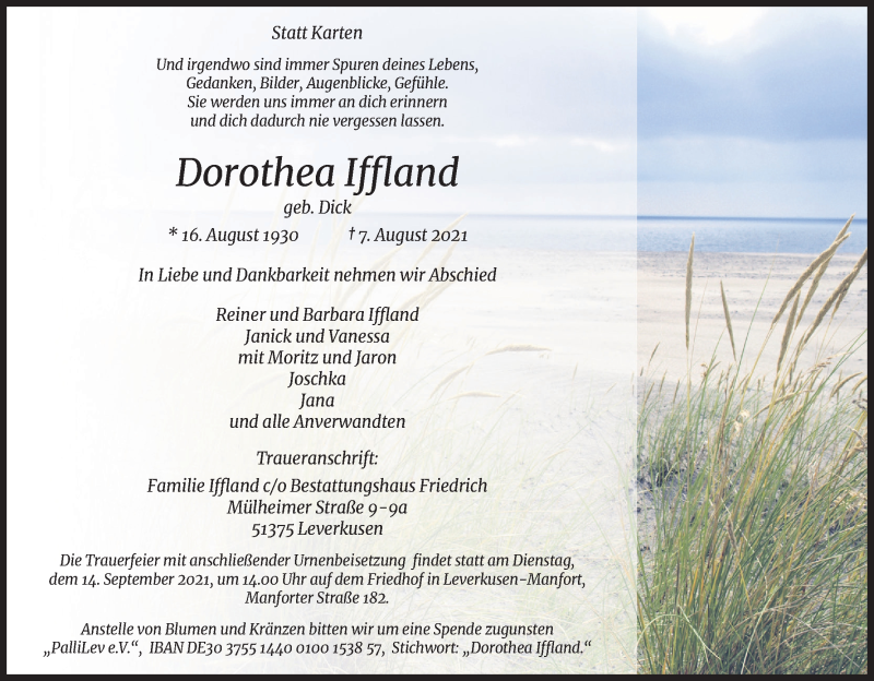  Traueranzeige für Dorothea Iffland vom 11.09.2021 aus Kölner Stadt-Anzeiger / Kölnische Rundschau / Express