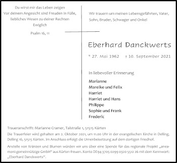 Anzeige von Eberhard Danckwerts von Kölner Stadt-Anzeiger / Kölnische Rundschau / Express