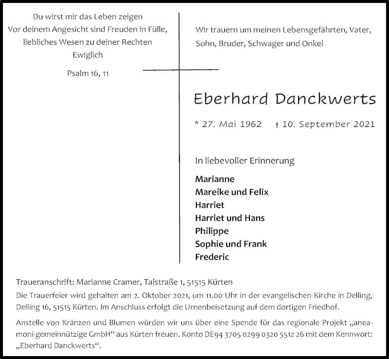  Traueranzeige für Eberhard Danckwerts vom 25.09.2021 aus Kölner Stadt-Anzeiger / Kölnische Rundschau / Express