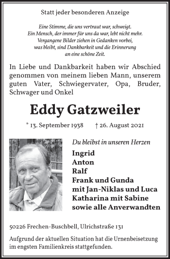 Anzeige von Eddy Gatzweiler von  Wochenende 