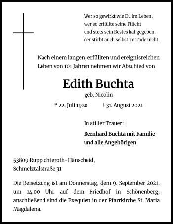 Anzeige von Edith Buchta von Kölner Stadt-Anzeiger / Kölnische Rundschau / Express
