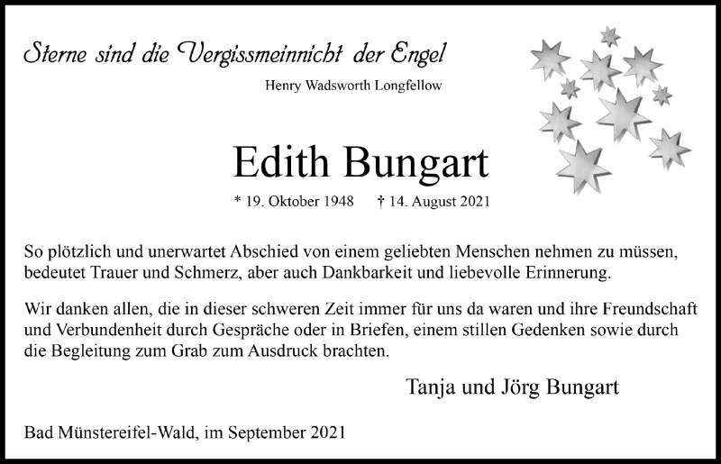  Traueranzeige für Edith Bungart vom 11.09.2021 aus  Blickpunkt Euskirchen 