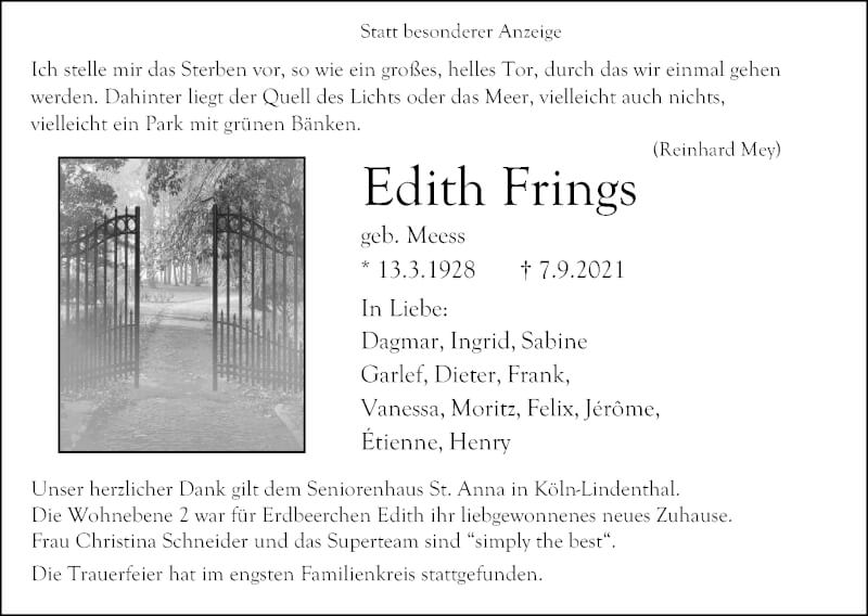  Traueranzeige für Edith Frings vom 18.09.2021 aus Kölner Stadt-Anzeiger / Kölnische Rundschau / Express
