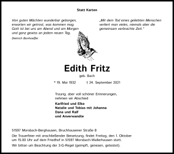 Anzeige von Edith Fritz von Kölner Stadt-Anzeiger / Kölnische Rundschau / Express