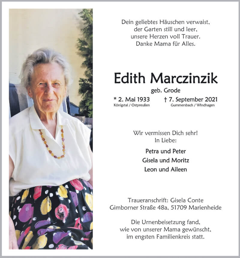  Traueranzeige für Edith Marczinzik vom 17.09.2021 aus  Anzeigen Echo 