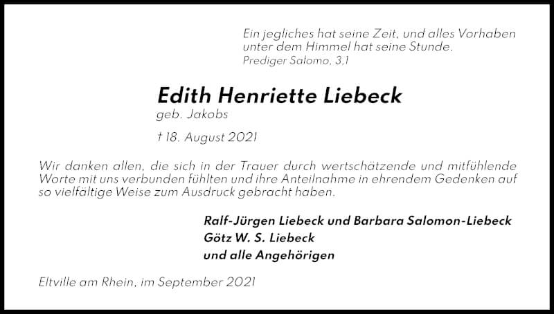  Traueranzeige für Edith Henriette Liebeck vom 18.09.2021 aus Kölner Stadt-Anzeiger / Kölnische Rundschau / Express