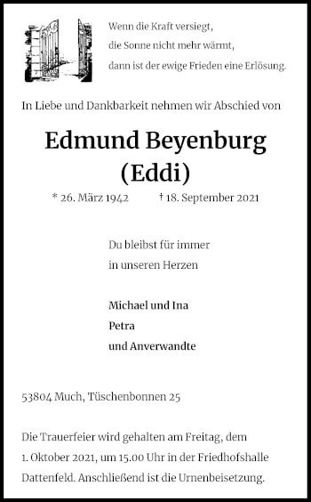 Anzeige von Edmund Beyenburg von Kölner Stadt-Anzeiger / Kölnische Rundschau / Express