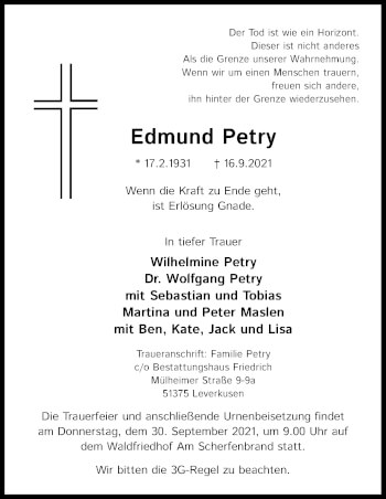 Anzeige von Edmund Petry von Kölner Stadt-Anzeiger / Kölnische Rundschau / Express