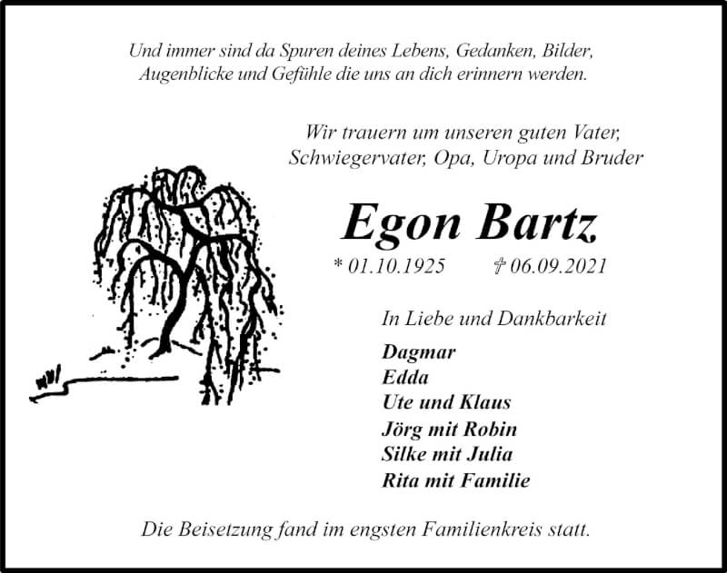  Traueranzeige für Egon Bartz vom 17.09.2021 aus  Anzeigen Echo 