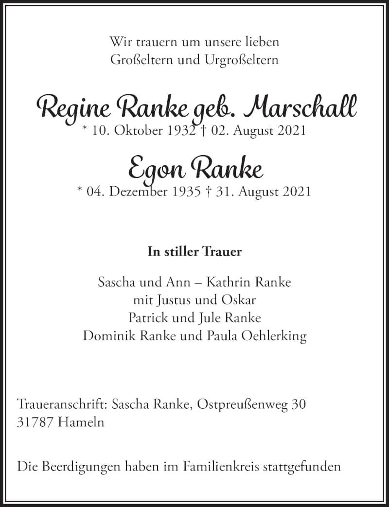  Traueranzeige für Egon Ranke vom 17.09.2021 aus  Lokalanzeiger 