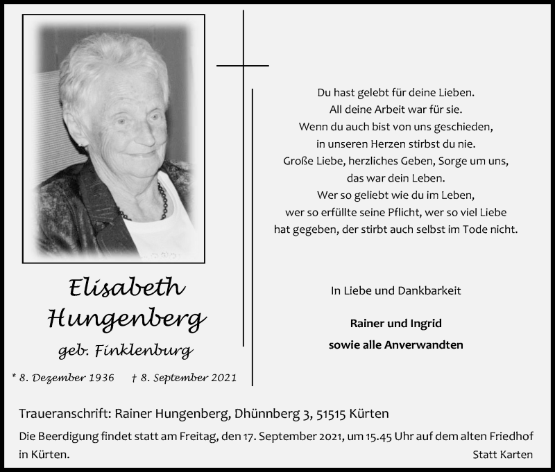  Traueranzeige für Ekisabeth Hungenberg vom 11.09.2021 aus Kölner Stadt-Anzeiger / Kölnische Rundschau / Express