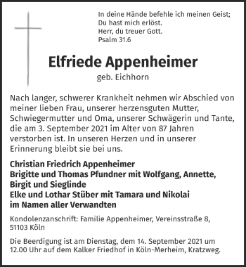 Anzeige von Elfriede Appenheimer von  Werbepost 