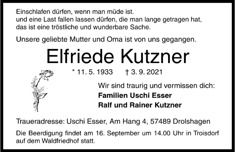  Traueranzeige für Elfriede Kutzner vom 14.09.2021 aus Kölner Stadt-Anzeiger / Kölnische Rundschau / Express