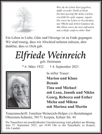 Anzeige von Elfriede Weinreich von  Werbepost 