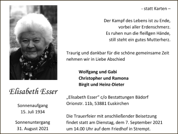 Anzeige von Elisabeth Esser von  Blickpunkt Euskirchen 