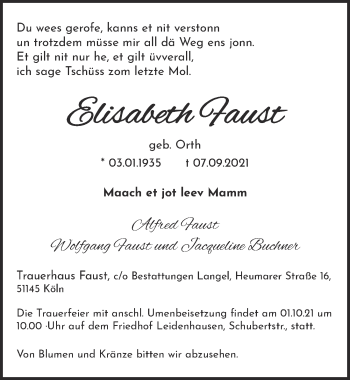 Anzeige von Elisabeth Faust von  Kölner Wochenspiegel 