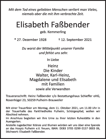 Anzeige von Elisabeth Faßbender von  Wochenende 