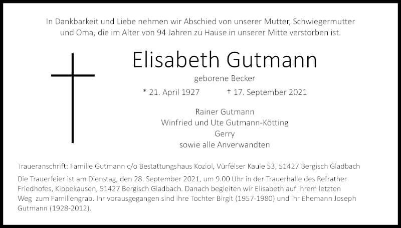  Traueranzeige für Elisabeth Gutmann vom 25.09.2021 aus Kölner Stadt-Anzeiger / Kölnische Rundschau / Express