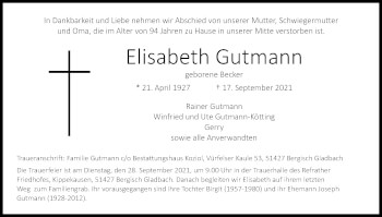 Anzeige von Elisabeth Gutmann von Kölner Stadt-Anzeiger / Kölnische Rundschau / Express