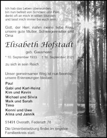 Anzeige von Elisabeth Hofstadt von Kölner Stadt-Anzeiger / Kölnische Rundschau / Express