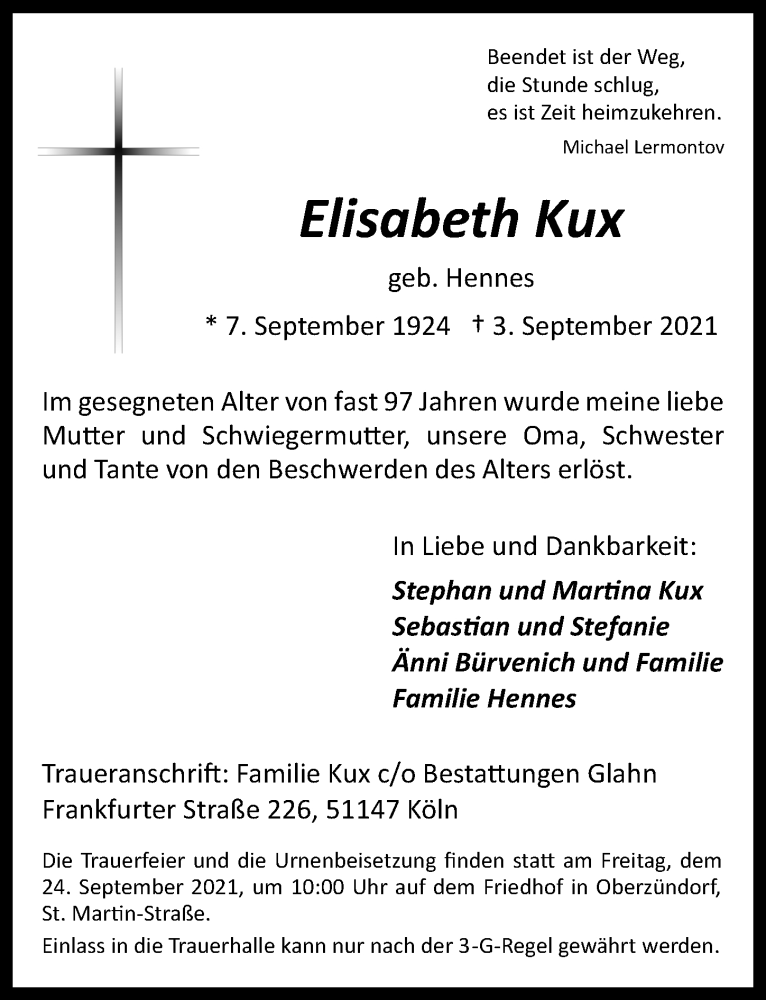  Traueranzeige für Elisabeth Kux vom 10.09.2021 aus  Kölner Wochenspiegel 