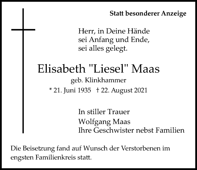  Traueranzeige für Elisabeth Maas vom 11.09.2021 aus Kölner Stadt-Anzeiger / Kölnische Rundschau / Express