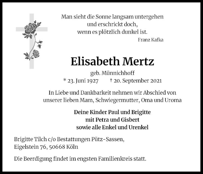  Traueranzeige für Elisabeth Mertz vom 25.09.2021 aus Kölner Stadt-Anzeiger / Kölnische Rundschau / Express