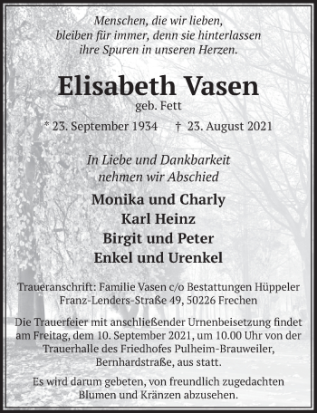 Anzeige von Elisabeth Vasen von  Wochenende 