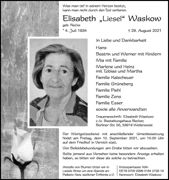 Anzeige von Elisabeth Waskow von Kölner Stadt-Anzeiger / Kölnische Rundschau / Express