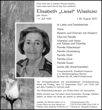 Anzeige von Elisabeth Waskow von  Blickpunkt Euskirchen 