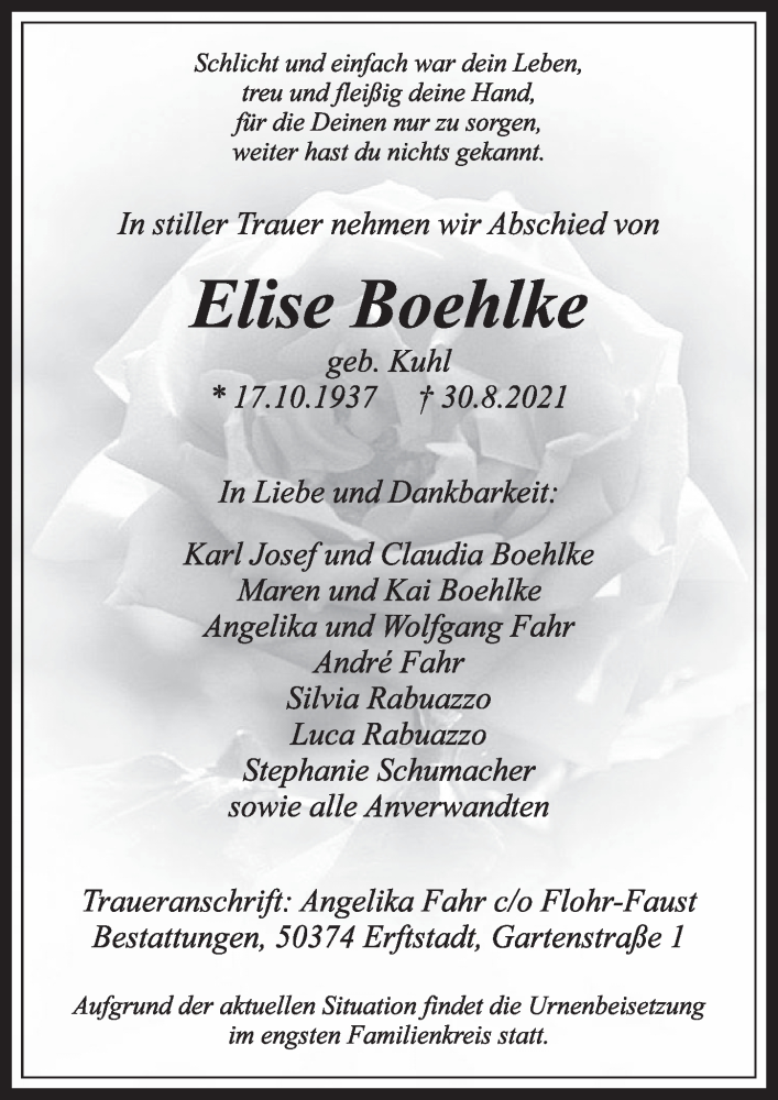 Traueranzeige für Elise Boehlke vom 10.09.2021 aus  Werbepost 