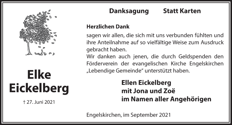  Traueranzeige für Elke Eickelberg vom 10.09.2021 aus  Anzeigen Echo 