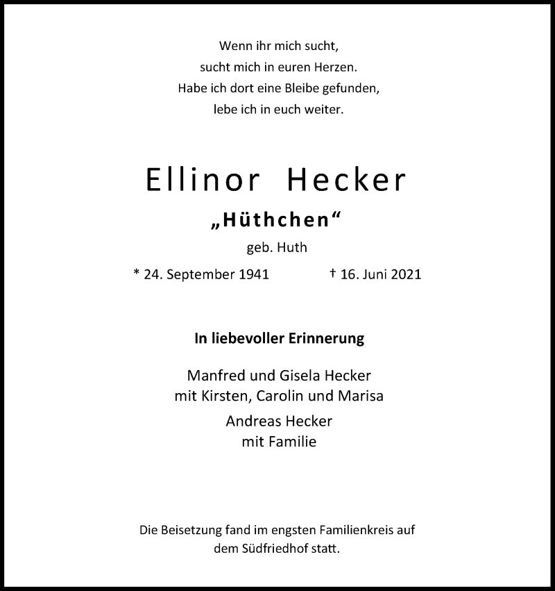  Traueranzeige für Ellinor Hecker vom 11.09.2021 aus Kölner Stadt-Anzeiger / Kölnische Rundschau / Express
